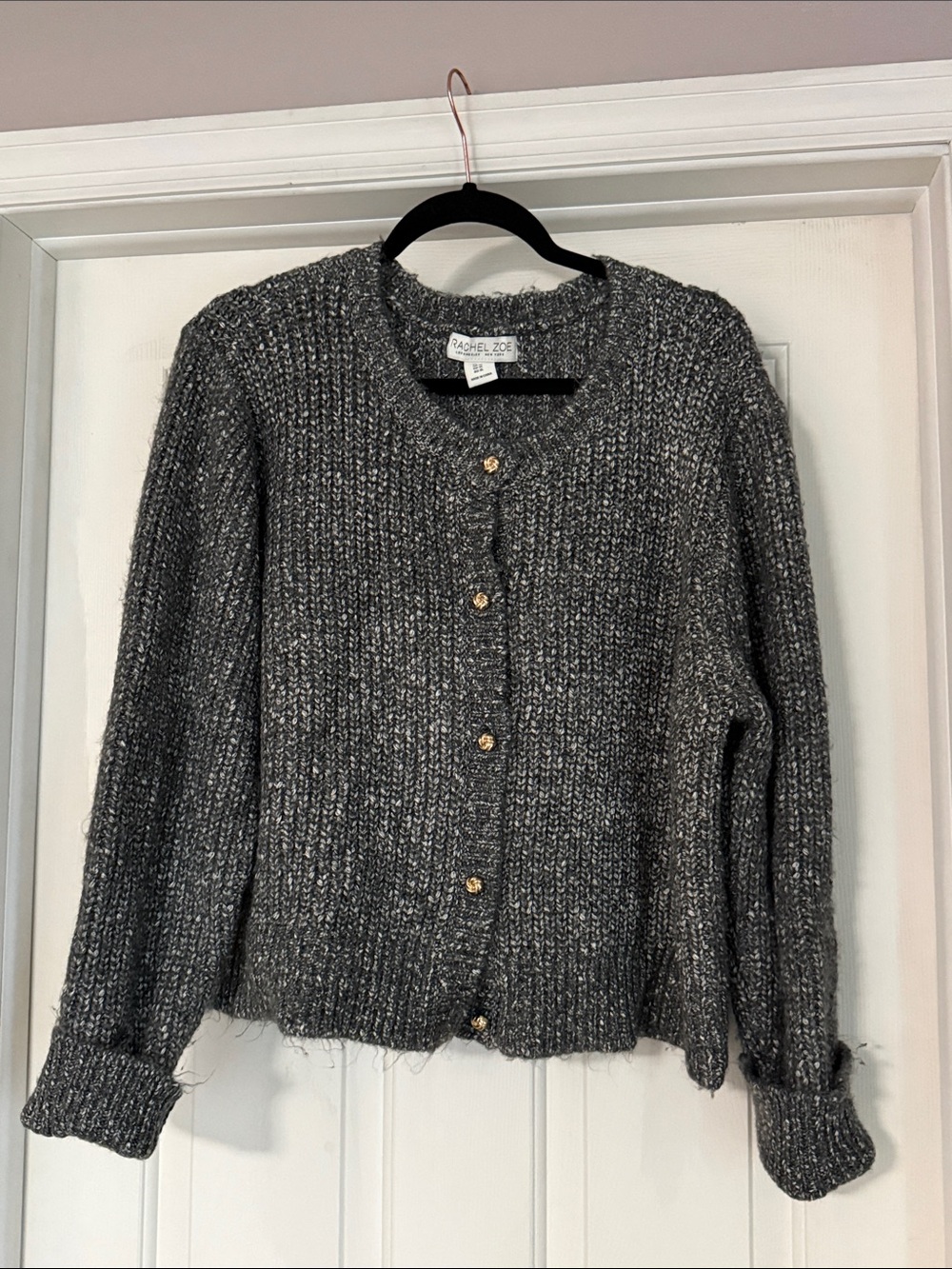 Rachel Zoe Gray Chunky Knit Cardigan with Gold Buttons